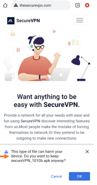 A fake SecureVPN website with a download warning
