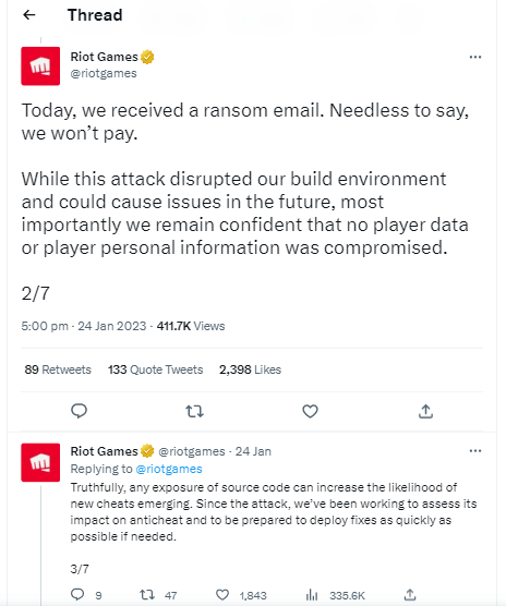 Twitter thread of Riot Games explaining hack