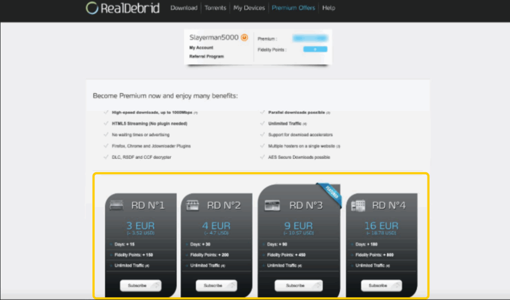 A screenshot of Real-Debrid premium plans page showing different subscription options with prices and durations