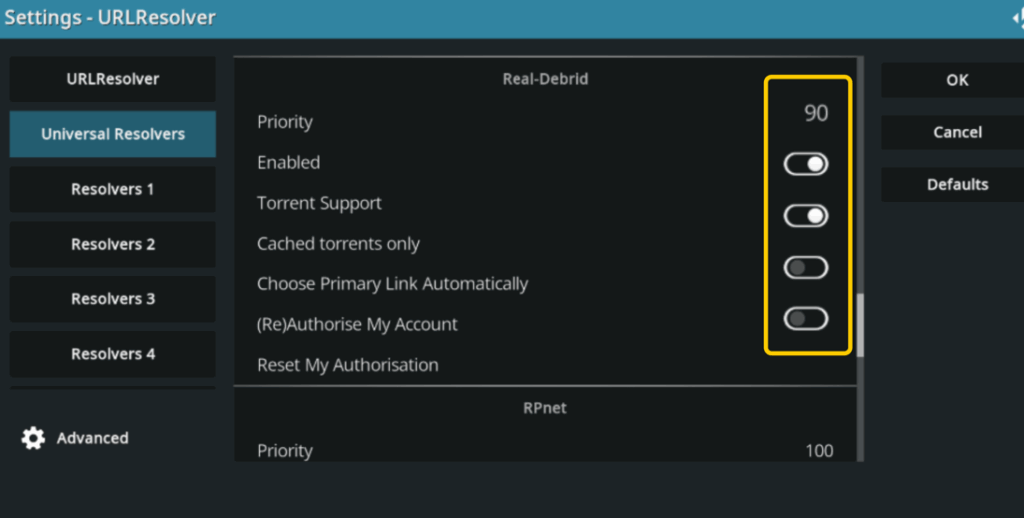 snapshot of Kodi URLResolver settings screen showing the Real-Debrid options and authorization settings