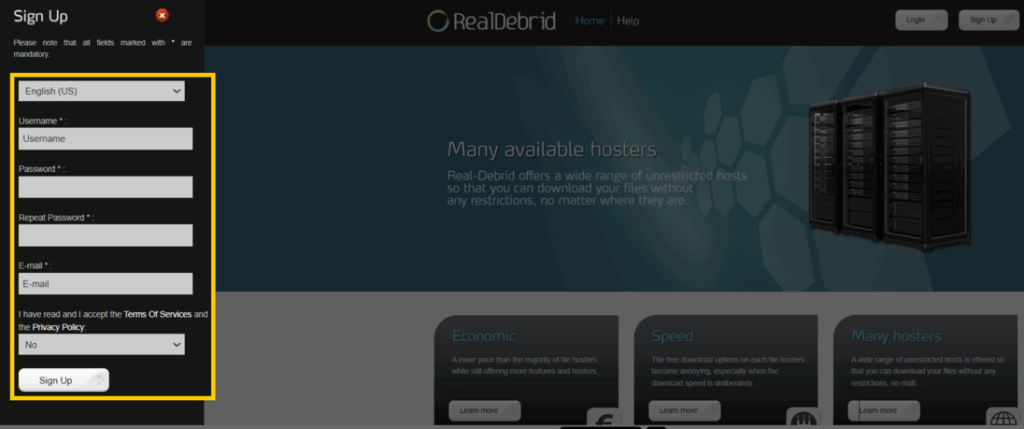A snapshot of Real-Debrid sign-up page with username, password, and email fields