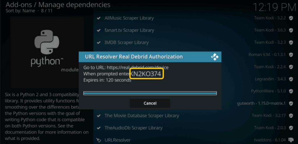 A screenshot of Kodi Real-Debrid authorization pop-up showing device code and activation instructions