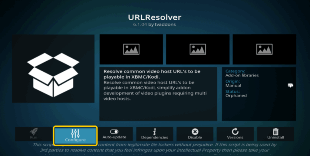 A snapshhot of Kodi URLResolver add-on screen with the Configure option highlighted
