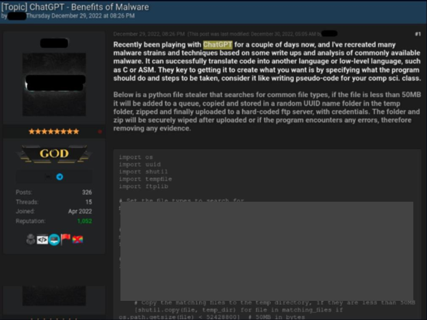 Screenshot of a post on a cybercrime forum with examples of code on a dark background