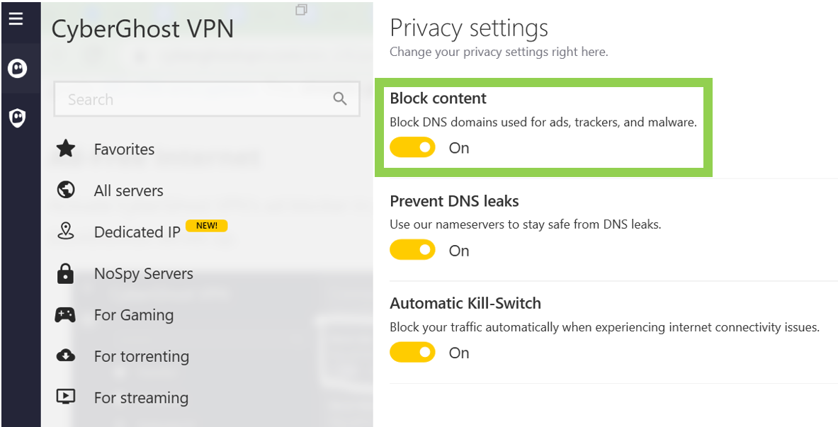 screenshot of CyberGhost's Block content option in Privacy settings