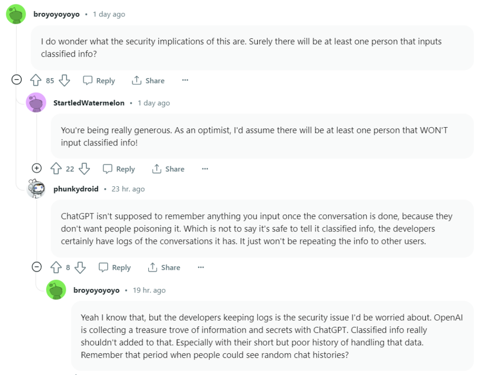 Reddit thread in white and grey about US Congress using chatGPT