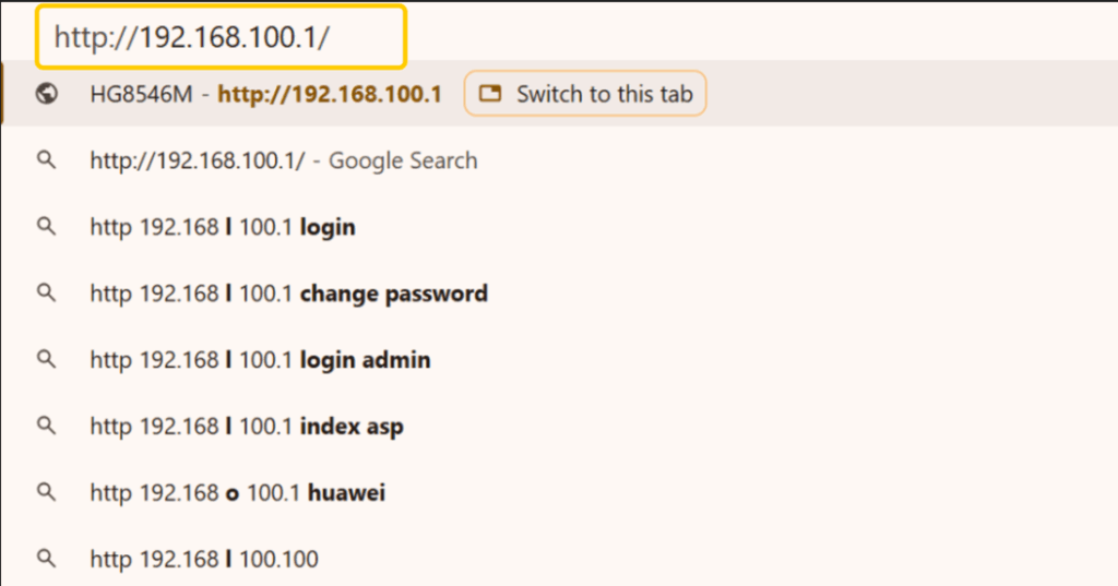 Browser showing 192.168.100.1 typed in the address bar with router login suggestions.
