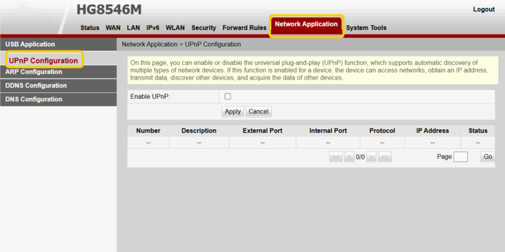 Router settings page showing the UPnP Configuration menu with an option to enable UPnP
