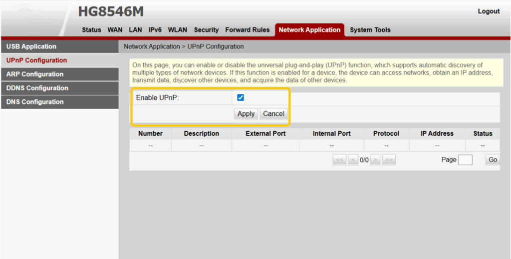Router UPnP settings page with the Enable UPnP box checked and Apply button visible