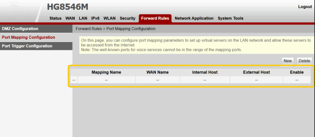 Router Port Mapping page showing how to configure port forwarding