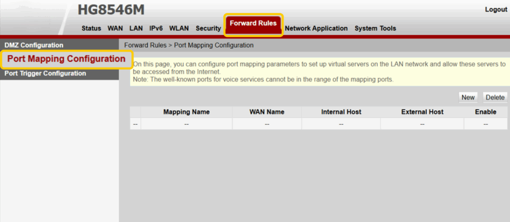 Router settings page showing the Port Mapping Configuration menu under Forward Rules
