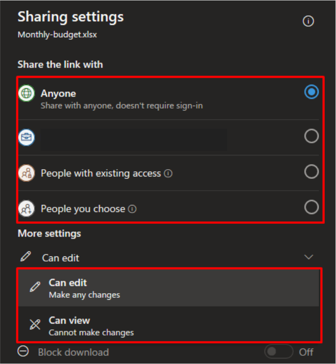 Sharing settings in Excel.