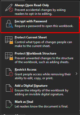 screenshot of Encrypt with Password step on Excel.