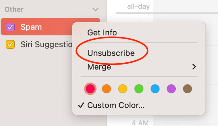 Screenshot of the Mac Calendar app sidebar with the Unsubscribe option marked by a red circle.