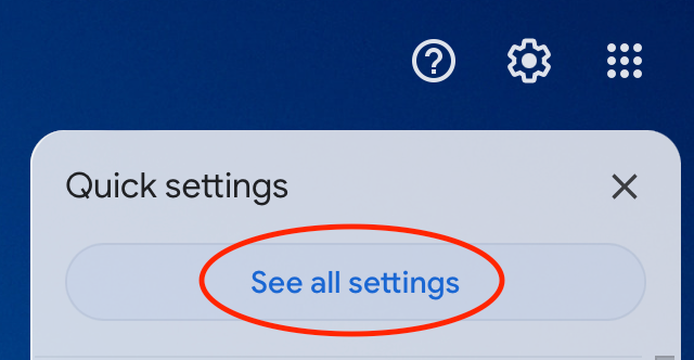 Screenshot of Gmail's Settings tab with See all settings button marked by a red circle.