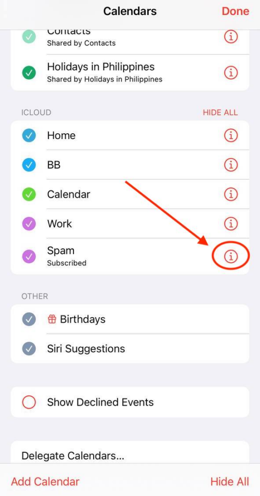 Screenshot of the iPhone Calendar app showing a list of calendars.