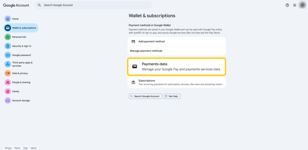 A screenshot of the "Wallet & subscriptions tab" in Google Account settings.