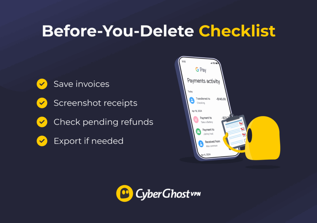 Illustration of a checklist showing steps to take before deleting Google Pay transaction history.