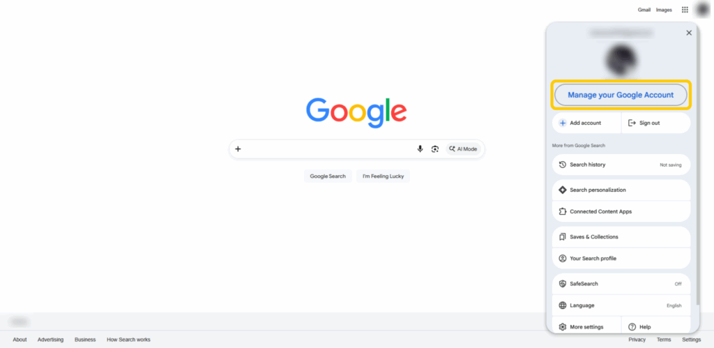 A screenshot of Google's home page and the profile menu.