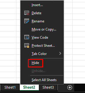 screenshot of Excel hide sheet feature.