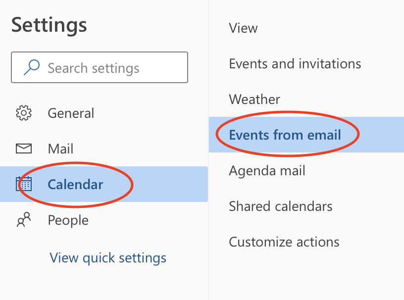 Screenshot of the Outlook Settings menu with the Calendar and Events from email options marked by a red circle.
