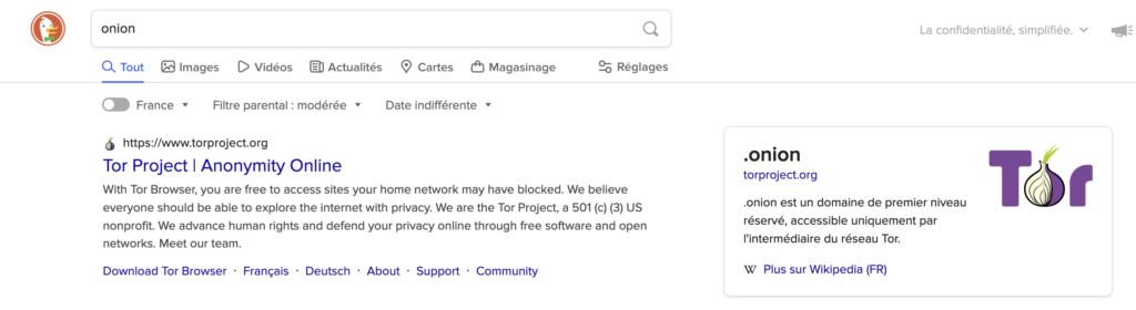 Page d'accueil DuckDuckGO