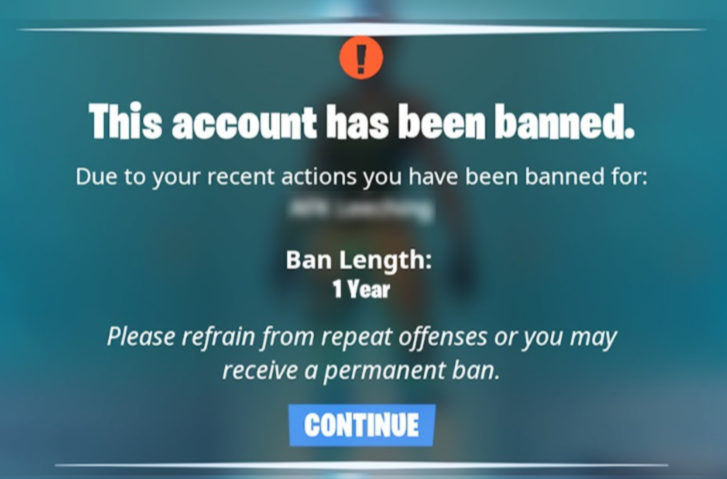 Screenshot of Fortnite banned screen