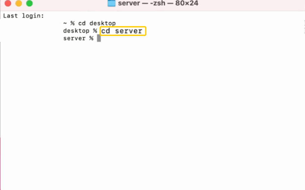 Running the cd server command in Terminal on macOS.
