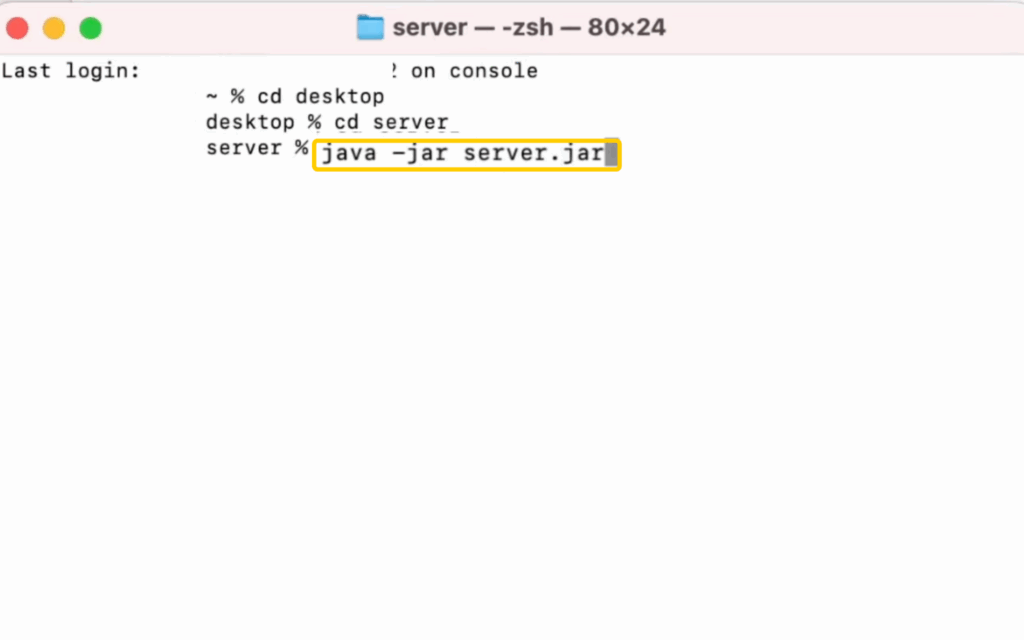 Running the java -jar server.jar command in Terminal on macOS.