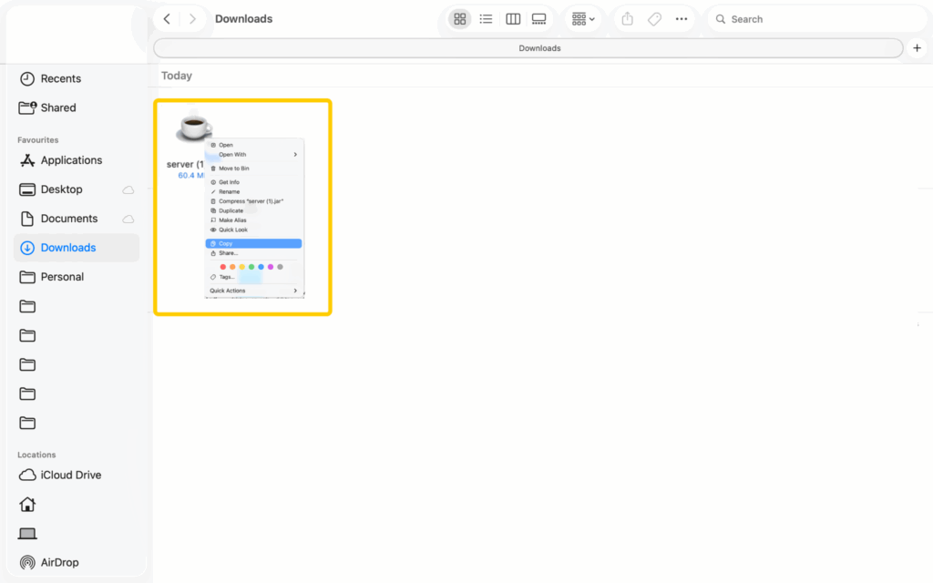 Copying the server.jar file from Downloads on macOS.