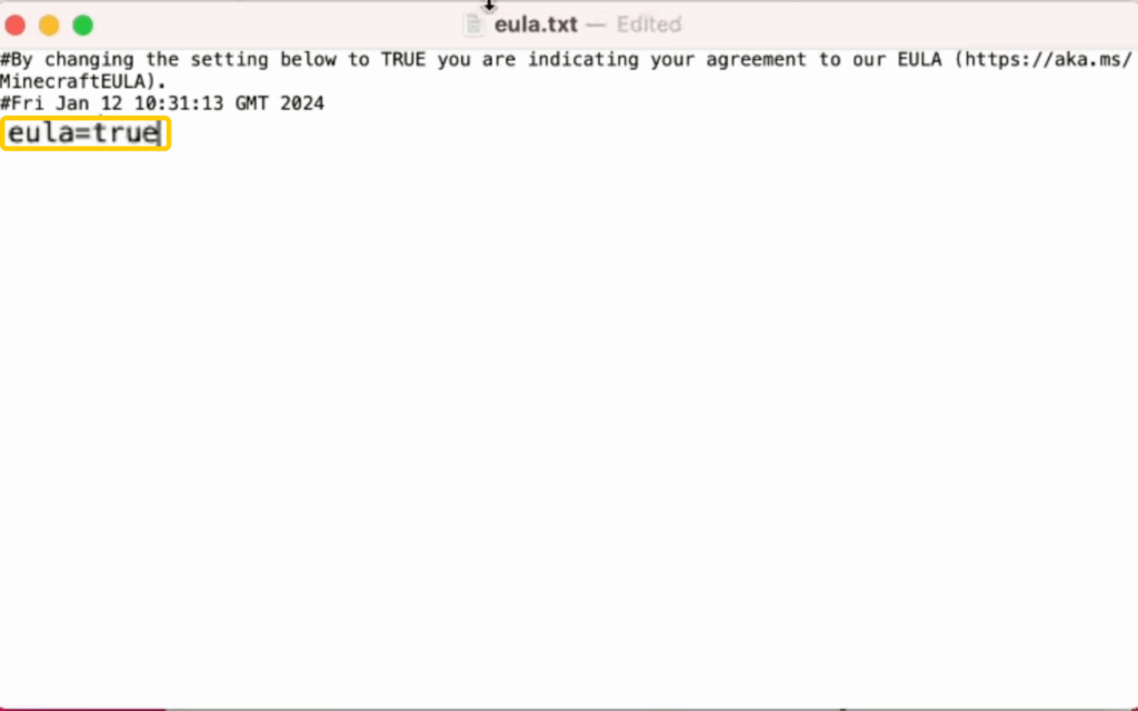 Eula=true text highlighted in the text editor on macOS.