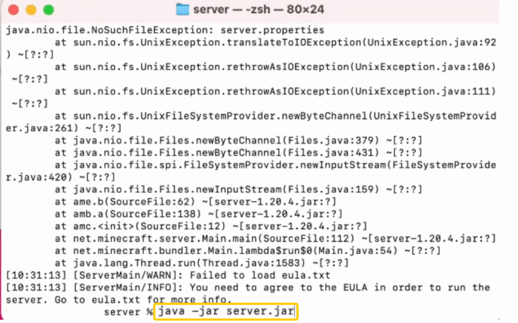 Running the java -jar server.jar command in Terminal on macOS (2).