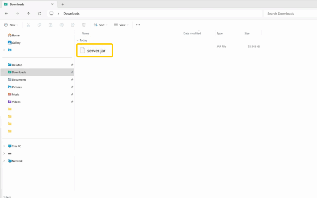 Minecraft server.jar file in Downloads folder on Windows.