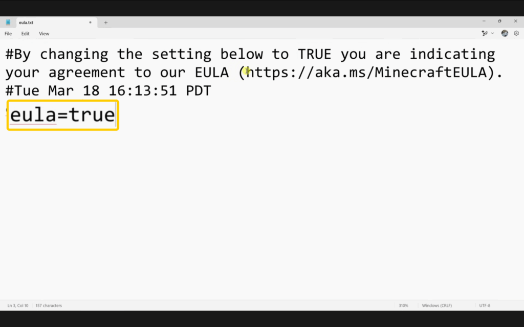 Eula=true text highlighted in Notepad on Windows