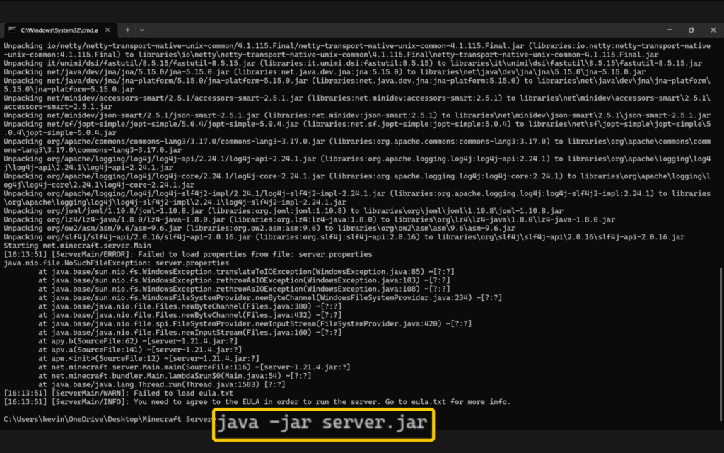 Running the java -jar server.jar command in Command Prompt on Windows.