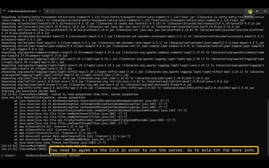 Error message about accepting eula in Command Prompt on Windows.