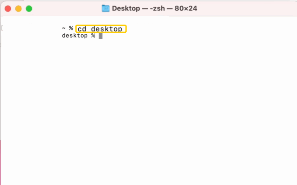 Running the cd desktop command in Terminal on macOS.