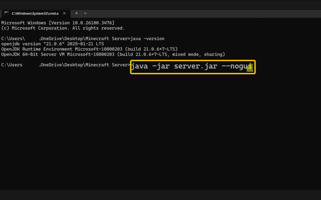 Running the java -jar server.jar --nogui command in Command Prompt on Windows.