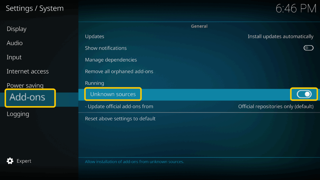 Screenshot, der das Hinzufügen von Add-ons aus unbekannten Quellen in Kodi zeigt