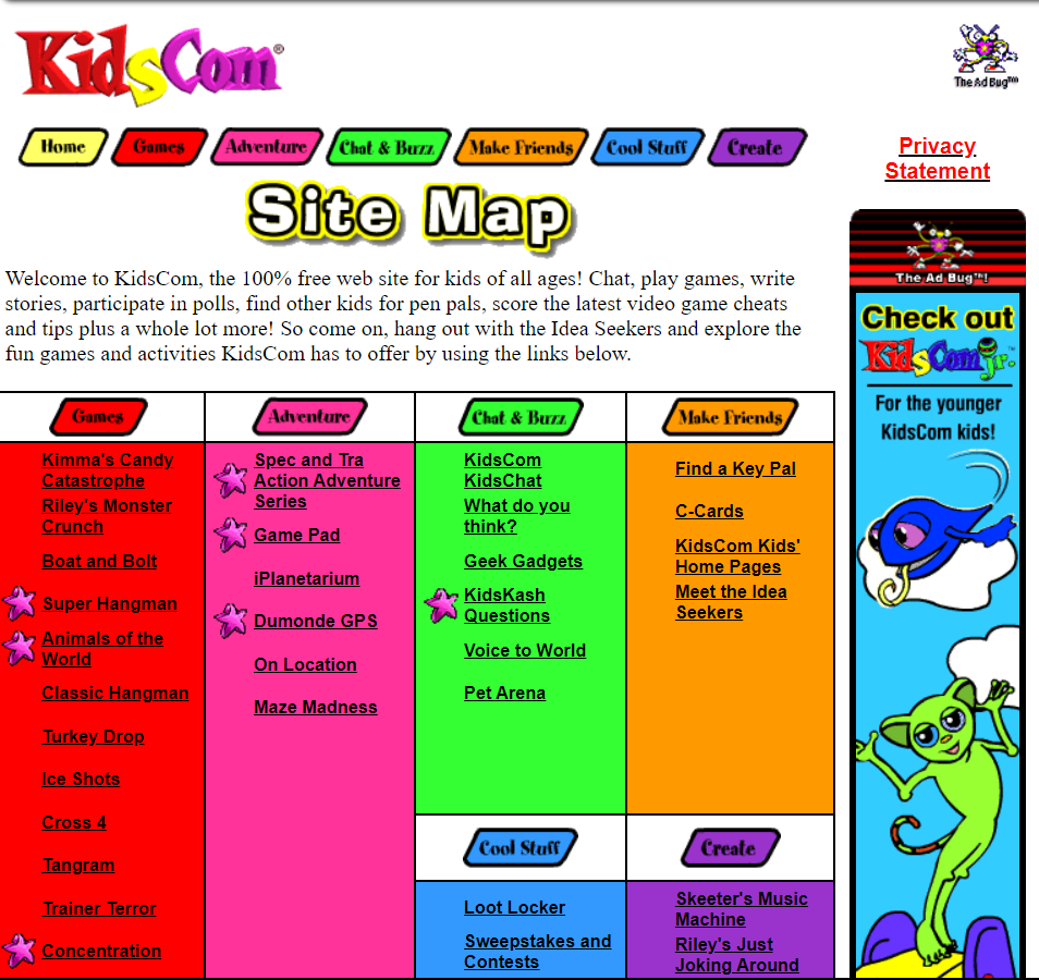 a screenshot of Kidscom as displayed on WayBack Machine