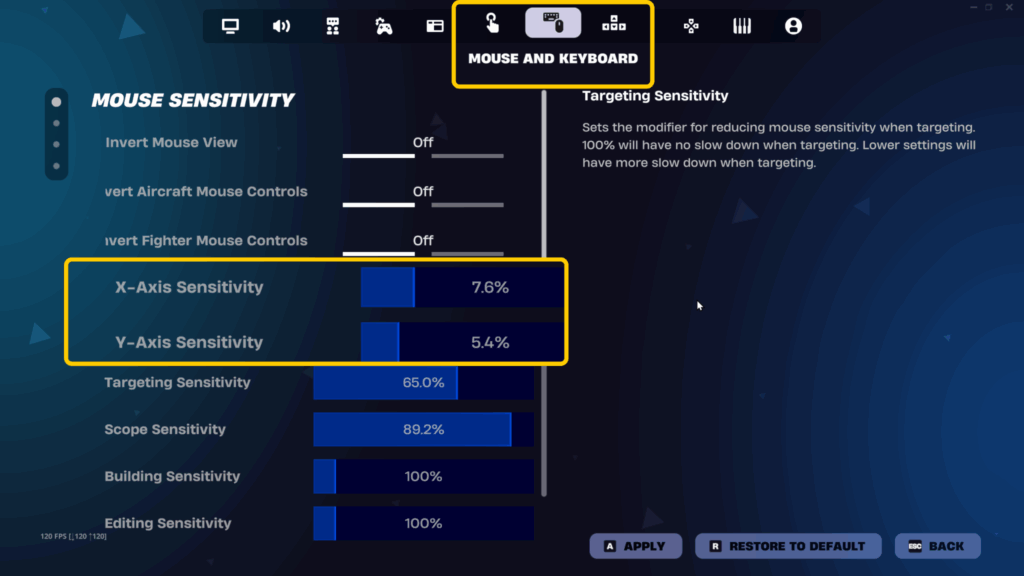 screenshot of Fortnine mouse X and Y sensitivity settings