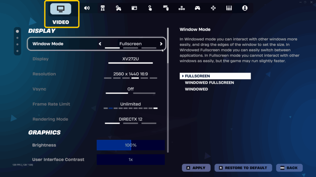 screenshot of where to find video settings in Fortnite