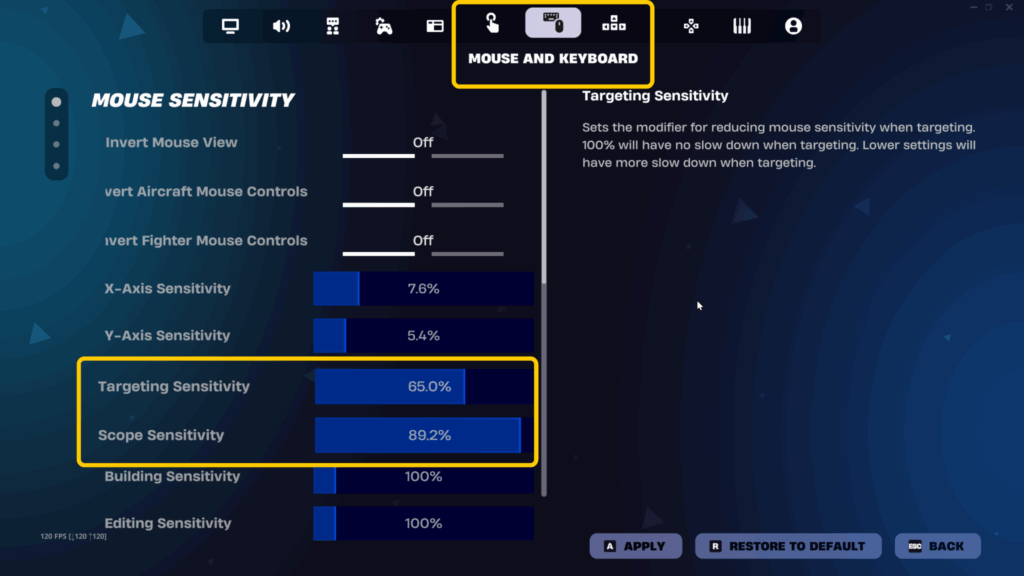 screenshot of Fortnite Targeting Sensitivity and Scope Sensitivity settings