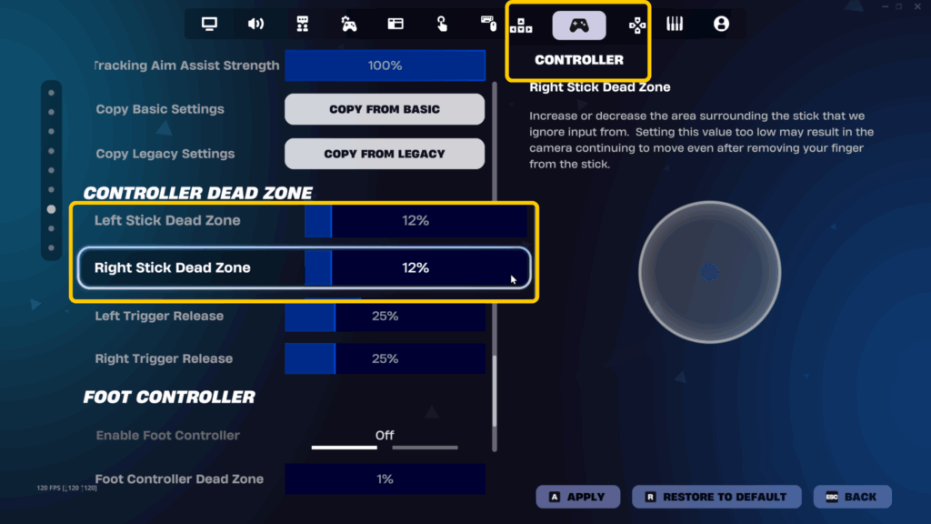 screenshot of how to change left and right stick dead zone