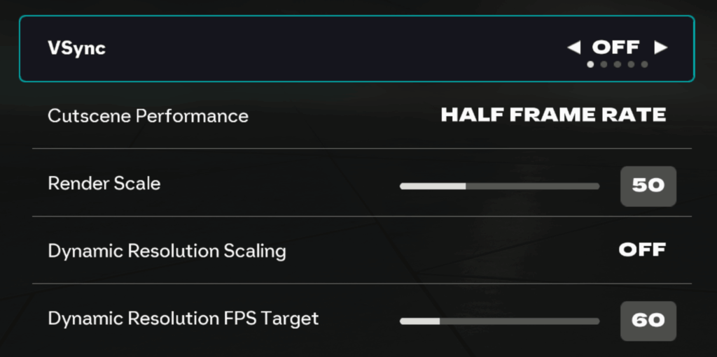 The options to customize Display settings, including VSync, Cutscene Performance, Render Scale, Dynamic Resolution Scaling, and Dynamic Resolution FPSW Target in FIFA 26.