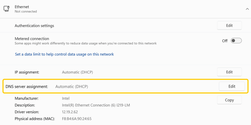 A screenshot of Windows Wi-Fi settings showing the DNS server assignment option