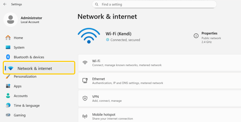 A screenshot of Windows Settings showing the Network and Internet section