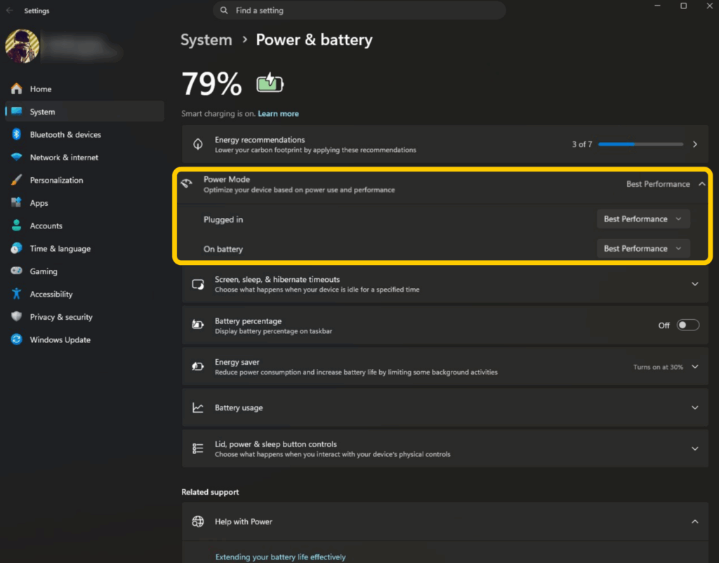 The Windows System Power & battery settings panel showing Power Mode set to Best Performance.