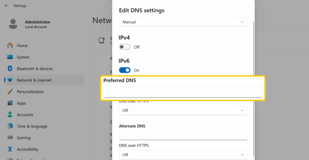 A screenshot of Windows DNS settings showing how to set Preferred DNS