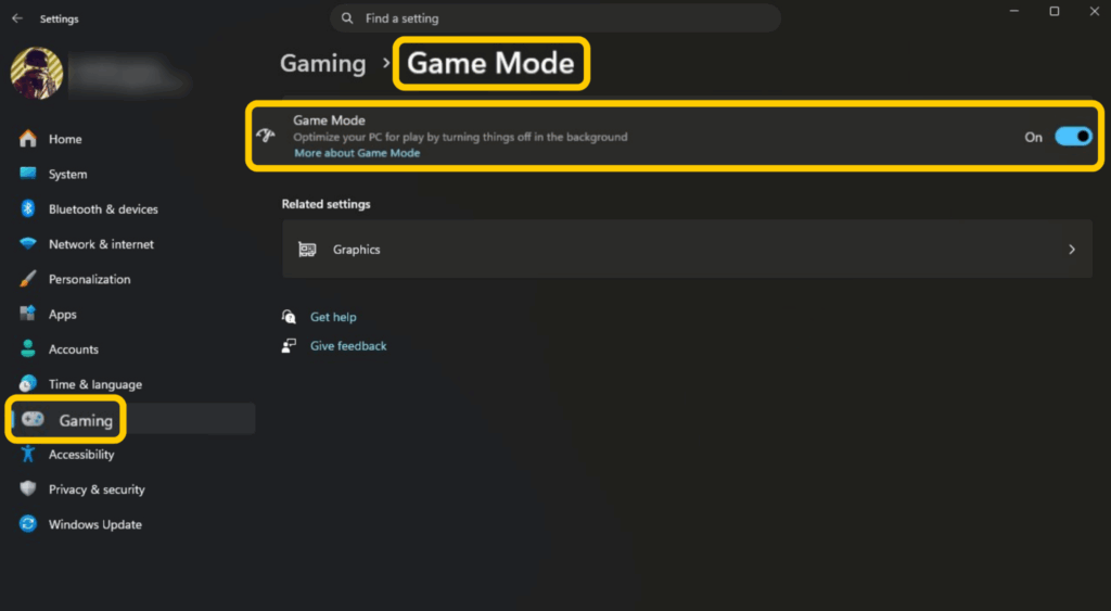 The Windows Gaming, Game Mode settings showing Game Mode is enabled.
